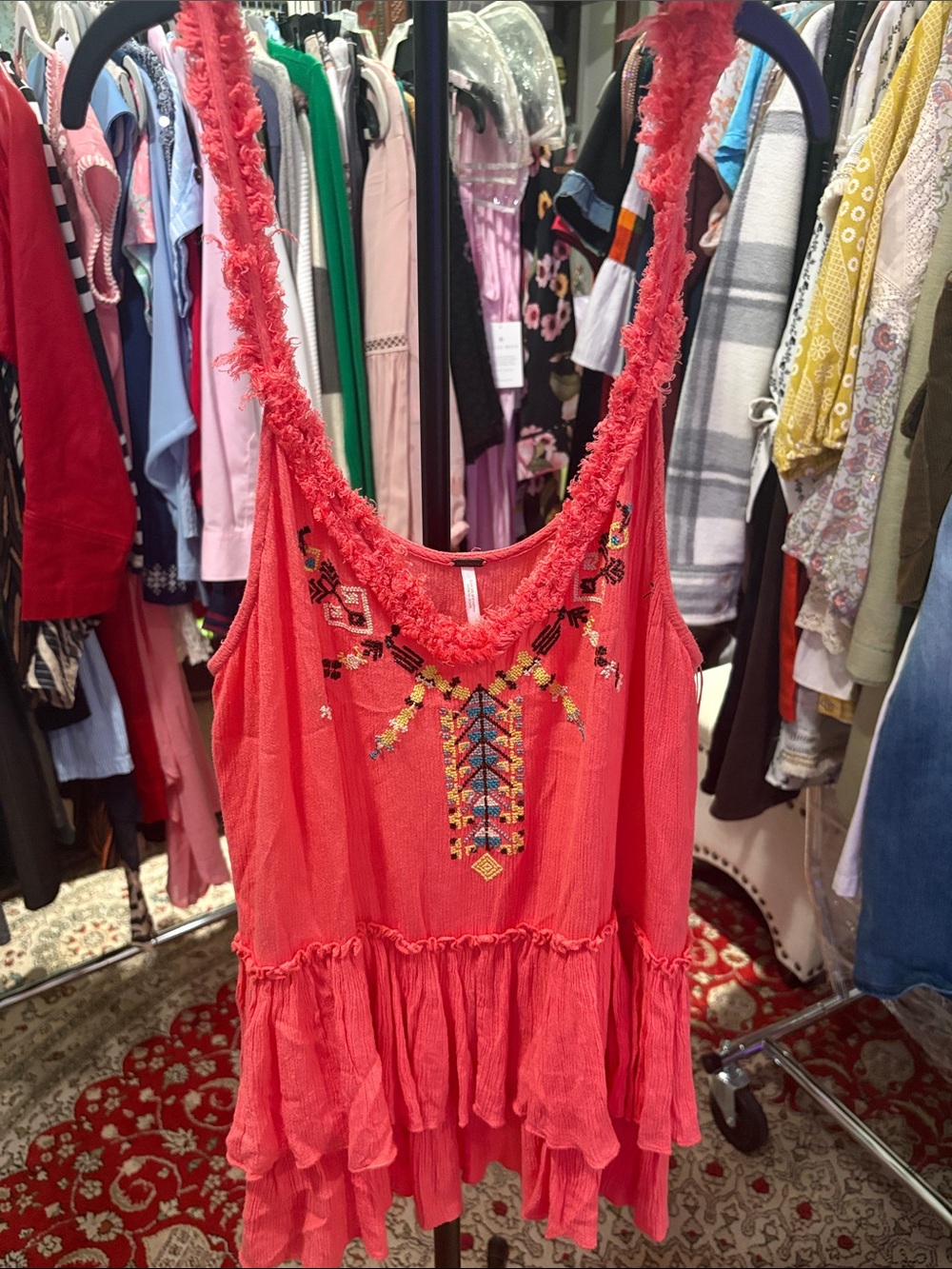 Free People Coral Embroidered Ruffle Tank